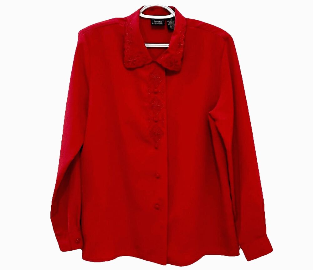 Laura Scott Blouse Women's 14 Red Floral Button Up Embroidered Casual Top Shirt